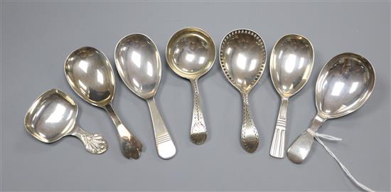 Seven assorted 19th century and later silver caddy spoons including Robert Hennell II?, London, 1830.